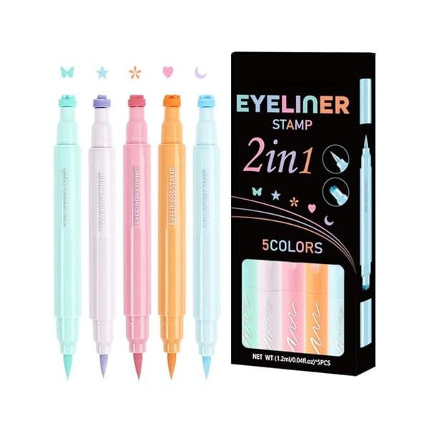 Ensemble De 5 Eye-Liners Liquides Colorés, Eye-Liner à Double Extrémité Mat, Cœur, Papillon, Eyeliner Tampon, Imperméable Et 