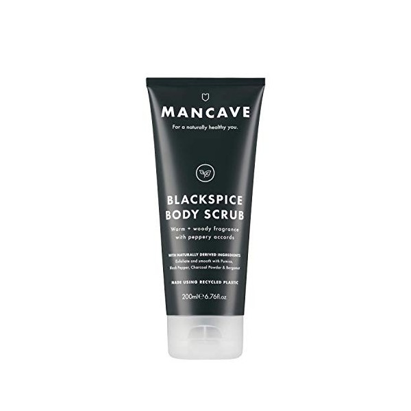 ManCave Blackspice Gommage corporel pour homme, parfum chaud et boisé, exfolie et nettoie la peau, formule naturelle, convien