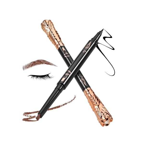 Boobeen Eyeliner et crayon à sourcils double face, Eyeliner liquide noir et crayon définisseur de sourcils pour femmes, maqui