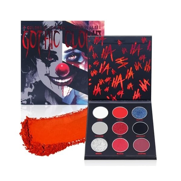 Horuili® Halloween Clown fards à paupières, Clown noir et rouge fards à paupières, 9 couleurs Pearl Gloss paillettes fards à 