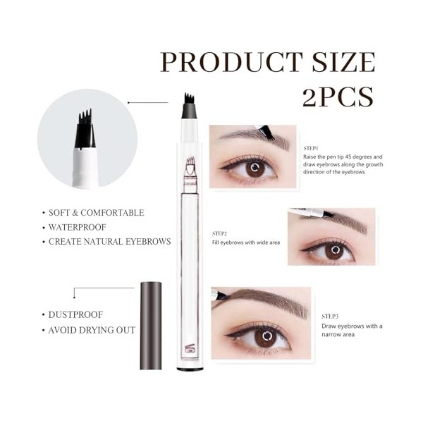 Moguri Lot de 2 crayons à sourcils Microblading résistants à leau - 4 pointes - Crayon à sourcils pour le dessin des poils, 