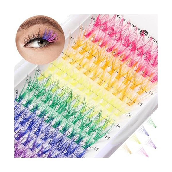 120 Pièces Faux Cils Extensions de Cils Auto-Adhésives Grappes de Cils Colorées Exquises Cils Arc-en-Ciel DIY 14/16 mm Cils d