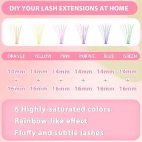120 Pièces Faux Cils Extensions de Cils Auto-Adhésives Grappes de Cils Colorées Exquises Cils Arc-en-Ciel DIY 14/16 mm Cils d