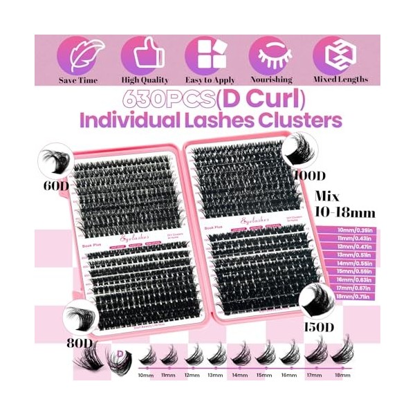 Qiveaory Kit dextension de cils moelleux à faire soi-même - 630 pièces - Épais - Courbure D - Avec joint détanchéité et pin