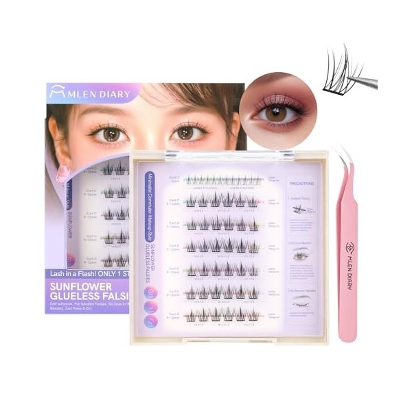 Mlen Diary Cils Auto AdhéSifs with Pincettes, 6-14mm D-Curl Ferreux Faux Cils, RéUtilisables Sans Colle Manhwa Eyelashes, Diy