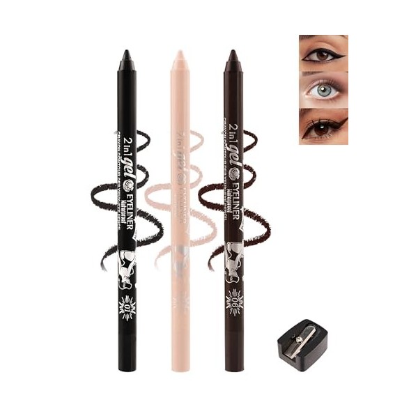 Lot de 3 crayons gel Waterline noir + nude + marron - Imperméable - Résistant aux taches - Longue durée de vie - Avec taille-