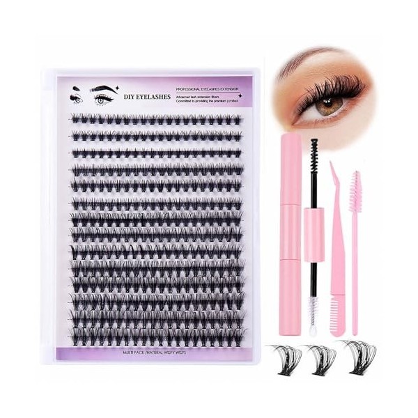 mercham Kit de 280 extensions de cils individuels, 8 à 16 mm, longueur mixte D, ensemble de grappes de cils avec colle et joi