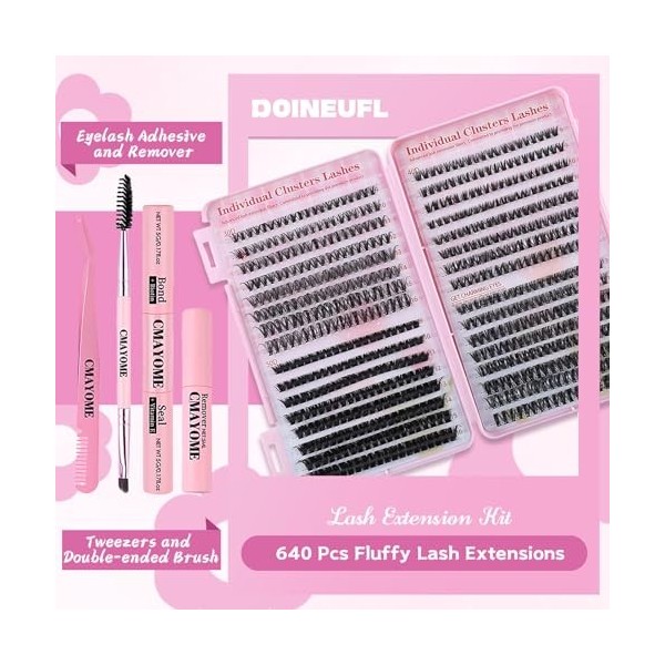 Kit dextensions de cils individuels 640 pièces - Cils individuels de 9 à 16 mm à faire soi-même avec pince à épiler, pince à