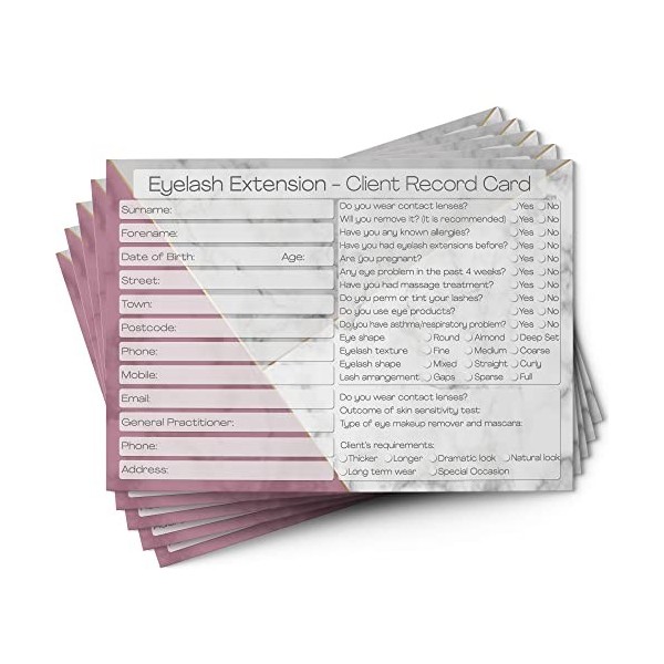 Lot de 100 cartes client pour extensions de cils - Dossier de consultation client pour salon et thérapeute - Essentiels des s