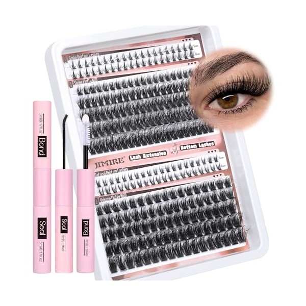 JIMIRE Kit de cils en grappe duveteux avec colle et joint avec cils inférieurs 60D + 100D Wispy Manga 10-18 mm DIY D Curl Kit