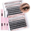 JIMIRE Kit de cils en grappe duveteux avec colle et joint avec cils inférieurs 60D + 100D Wispy Manga 10-18 mm DIY D Curl Kit