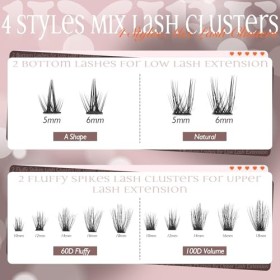 JIMIRE Kit de cils en grappe duveteux avec colle et joint avec cils inférieurs 60D + 100D Wispy Manga 10-18 mm DIY D Curl Kit