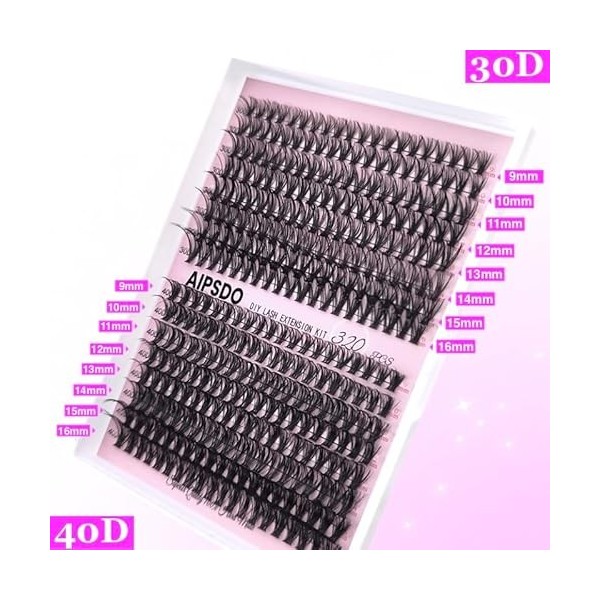 Aipsdo Kit dextensions de cils individuels 320 pièces 3040D 30D/40D-9-16Mix 