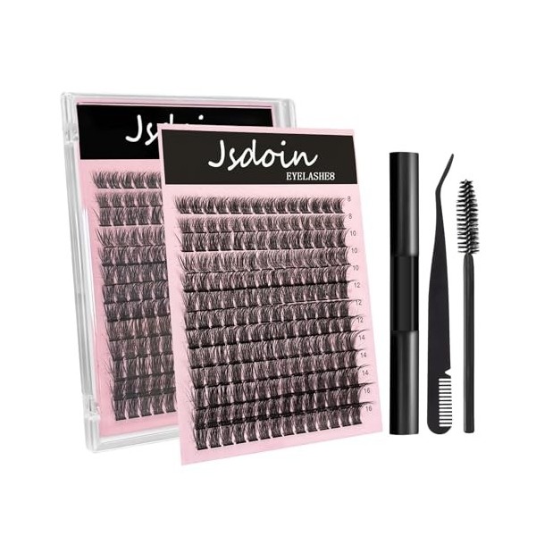 Jsdoin Individual Eyelashes Lot de 182 pièces de costume large Barre C/D Curl 8-16 mm de long DIY avec colle noire à lœil Cl