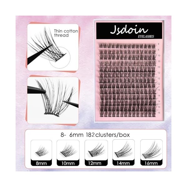 Jsdoin Individual Eyelashes Lot de 182 pièces de costume large Barre C/D Curl 8-16 mm de long DIY avec colle noire à lœil Cl