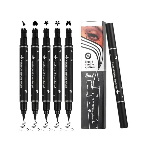 5 Pcs Eyeliner, Double tête Ensemble de stylos tampon liquide Eyeliner, Eyeliner noir, Anti-Taches ImperméAble Et Durable, Tr