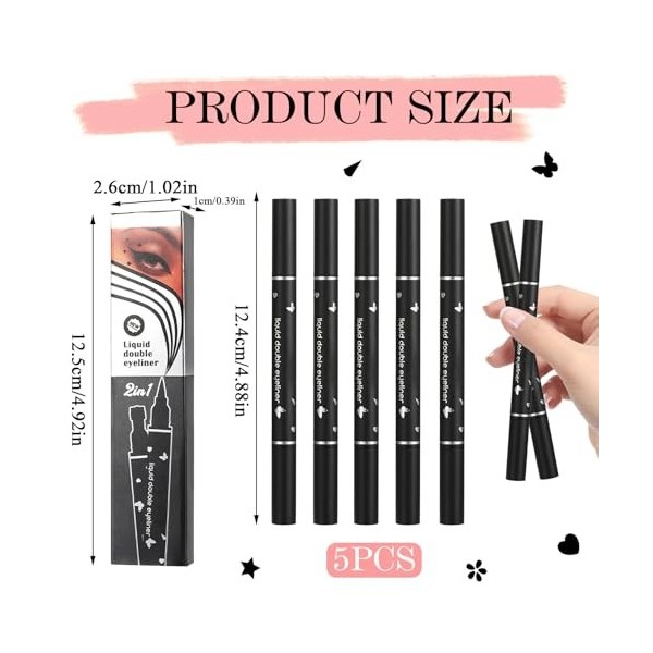 5 Pcs Eyeliner, Double tête Ensemble de stylos tampon liquide Eyeliner, Eyeliner noir, Anti-Taches ImperméAble Et Durable, Tr