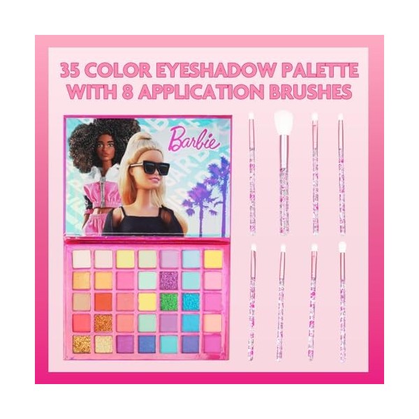 Palette de fards à paupières Barbie 35, couleurs chatoyantes et opaques, pigmentées et estompables, 8 pinceaux applicateurs, 