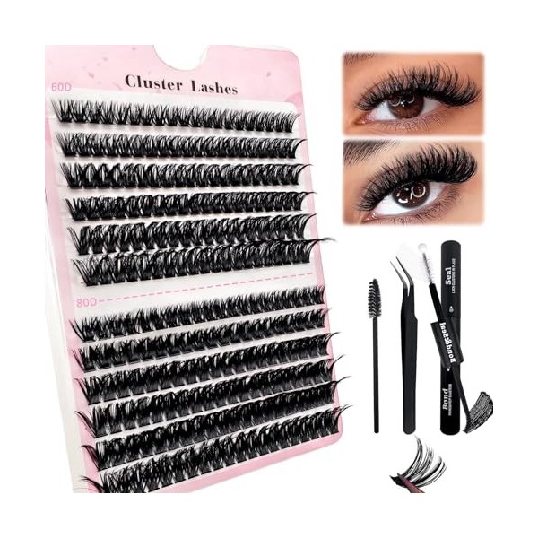 240 Pcs DIY Extensions de cils Set 0.07D Cils Uniques Faux cils individuels Cluster avec colle à cils et pince à épiler pour 