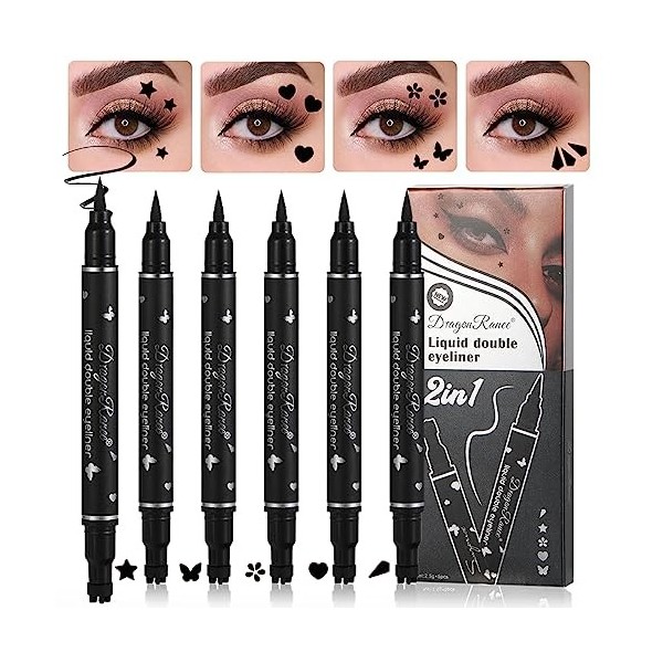 5Pcs Double tête Ensemble de stylos tampon liquide Eyeliner,Mat Crayon eye liner noir, Lazy Pochoirs d’eyeliners black Stamp 