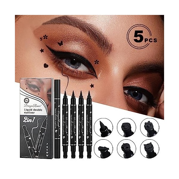 5Pcs Double tête Ensemble de stylos tampon liquide Eyeliner,Mat Crayon eye liner noir, Lazy Pochoirs d’eyeliners black Stamp 