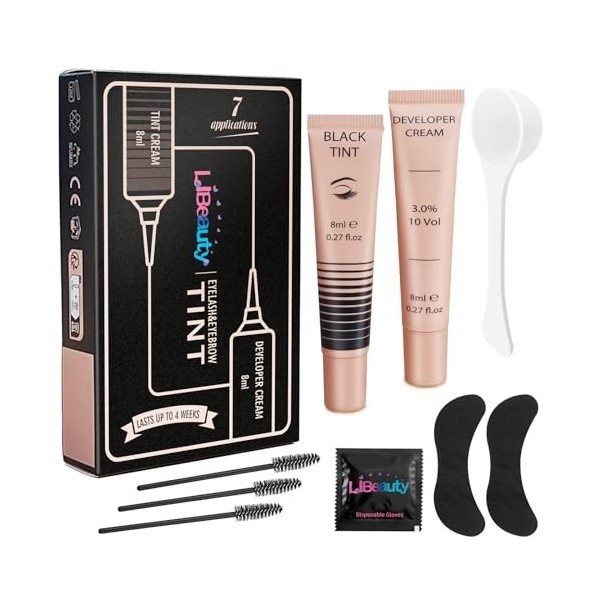 Libeauty Kit de teinture de cils 2 en 1 avec coussinets en silicone, effet salon qui dure 6 semaines, avec outils, noir