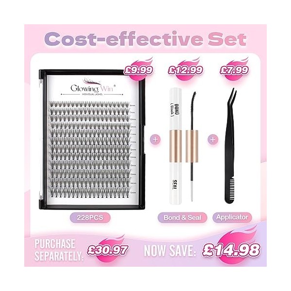 Glowing Win Faux Cils Individuel Naturel Kit Extension Cils Cluster Lashes Avec Applicateur, Bond&Seal Faux Cils Extension de