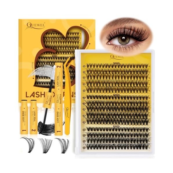 QUEWEL Kit-Extension-Cils, 280pcs 30+40+50D Faux-Cils-Naturel Mixte 12-18mm Extension Cils Souples avec Colle Faux Cils and S