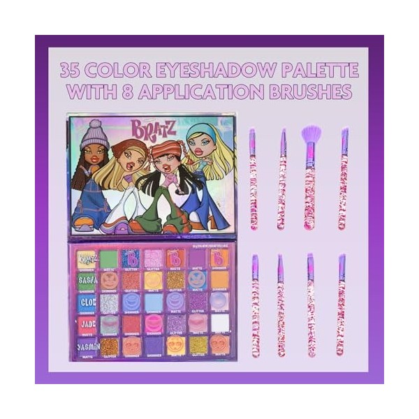 Bratz Palette de fards à paupières 35 couleurs chatoyantes et opaques, pigmentées et mélangeables, 8 pinceaux, parfaites pour