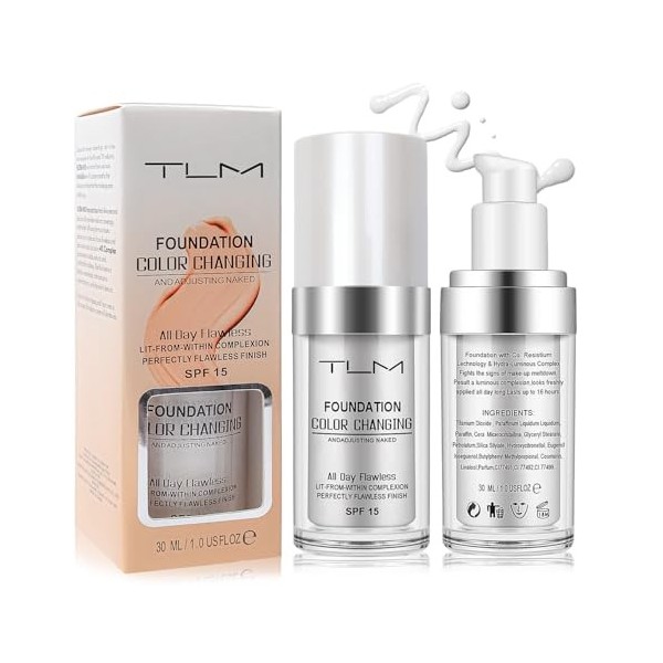 2 Pack TLM Color Changing Foundation, TLM Liquid Foundation, Flawless Color Changing Foundation, Nude Liquid Concealer Cream 