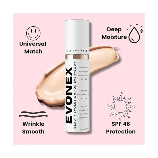 Evonex Age Defying Foundation, Evonex Age Defying Makeup, Universal Tint, Light Sheer Coverage Tinted Face Sunscreen, Anti-Ag