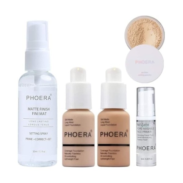 Glamza Phoera Foundation Set de maquillage complet Inclut Fond de Teint Mat Nude & Buff Beige 30ml, Base Visage 6ml, Poudre F