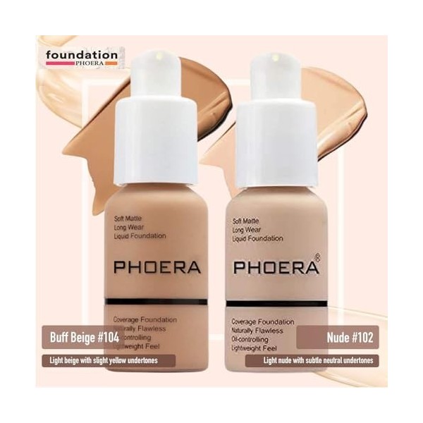 Glamza Phoera Foundation Set de maquillage complet Inclut Fond de Teint Mat Nude & Buff Beige 30ml, Base Visage 6ml, Poudre F