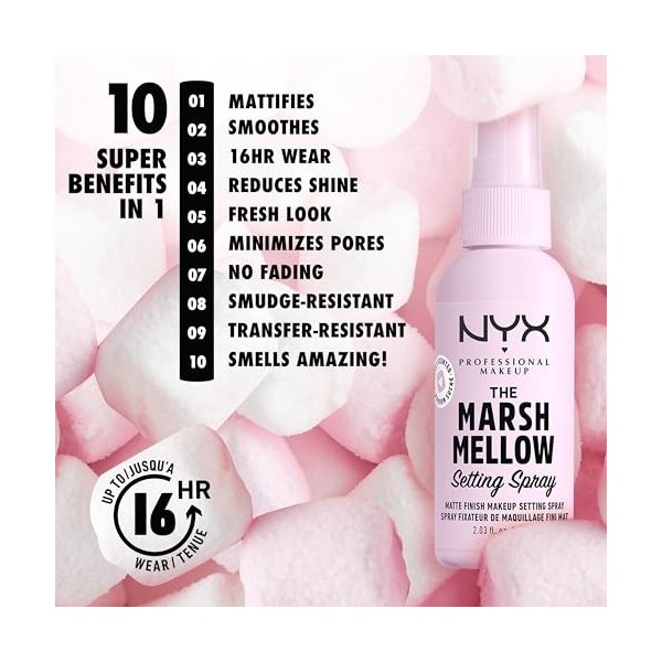 NYX Professional Makeup Spray Fixateur de Maquillage Matifiant Anti Brillance Marshmellow