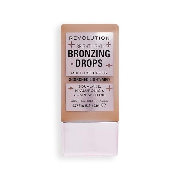 Gouttes Bronzantes Lumineuses de Makeup Revolution avec Acide Hyaluronique, Fini Ensoleillé, Teinte Bronze Calcine, 23ml