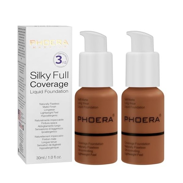 PHOERA Fond de Teint,PHOERA Foundation,imperméable Professional Makeup Fond de Teint Liquide Couvrant Tenue 24h - Matte & Por