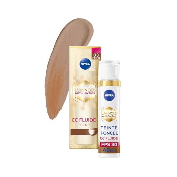 NIVEA Luminous 630 CC Fluide anti-taches FPS30 Teinte Foncée 1 x 40 ml , CC Crème teint unifié, Fond de teint couvrant imper