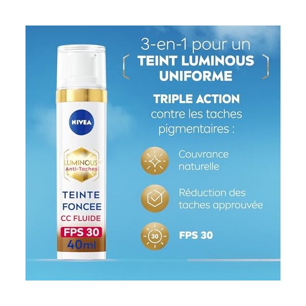 NIVEA Luminous 630 CC Fluide anti-taches FPS30 Teinte Foncée 1 x 40 ml , CC Crème teint unifié, Fond de teint couvrant imper