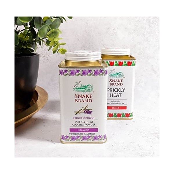 SNAKE BRAND Prickly Heat Lot de 2 poudres rafraîchissantes pour le corps Lavande classique et relaxante 140 g