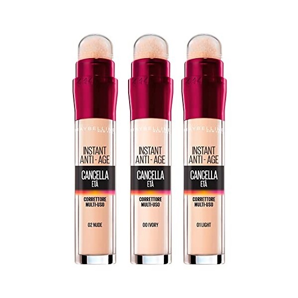 3 x Maybelline New Tork Correcteur Liquide le portail Âge Couleurs 00 Ivory , 02 Nudes et 01 Light avec Baies de Goji et Halo