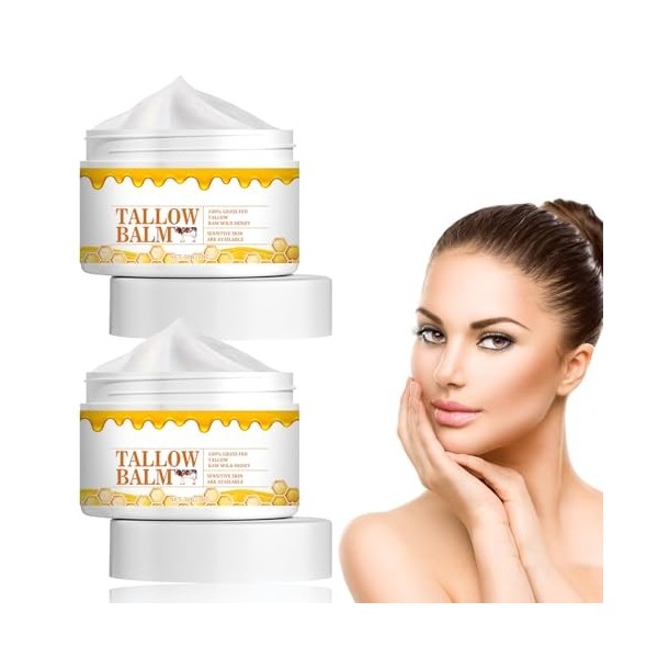 Tkekruh Beef Tallow Crème de soin pour la peau 30g 2PC, Beef Tallow Moisturiser, Facial Tallow Honey Balm, Herbe Fed Tallow R