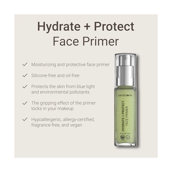 Sandstone Scandinavia Hydrate + Protect Face Primer Gel | Apprêt de maquillage hypoallergénique pour le visage | Primers anti