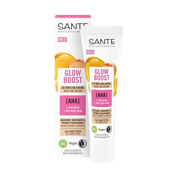 SANTE Naturkosmetik Glow Boost BB Crème de jour nourrissante avec AHA, acide hyaluronique et aloe vera bio, soin du visage vé