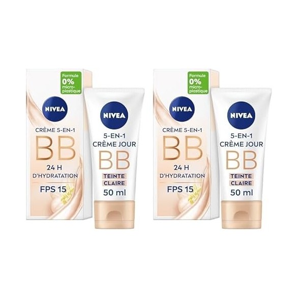 NIVEA BB Crème FPS 15 Teinte Claire 1 x 50 ml , Crème hydratante visage à lhuile de Jojoba BIO, Soin de jour FPS 15 pour un