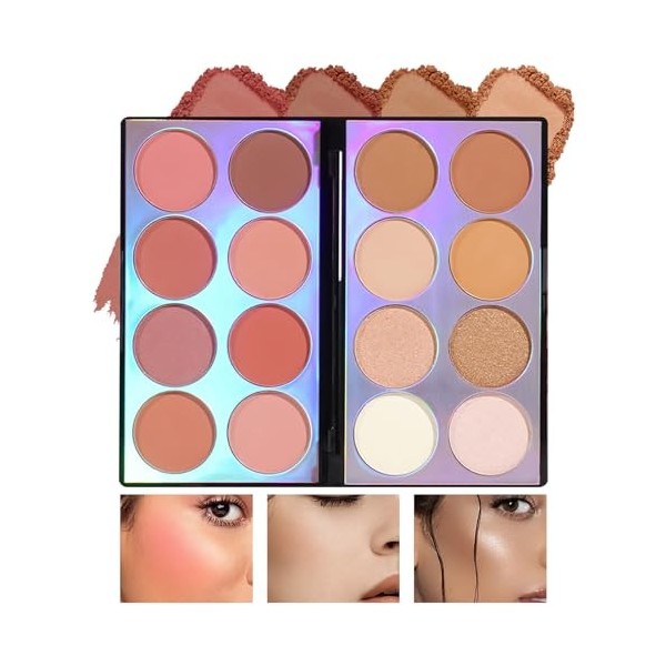 Prreal Palette de maquillage multifonction 3 en 1 pour contour, highlight, blush, 16 couleurs, avec contour blush et poudre b