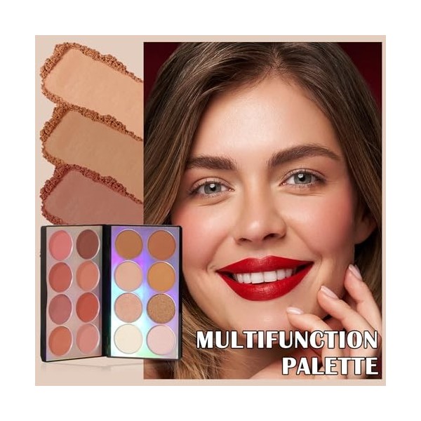 Prreal Palette de maquillage multifonction 3 en 1 pour contour, highlight, blush, 16 couleurs, avec contour blush et poudre b