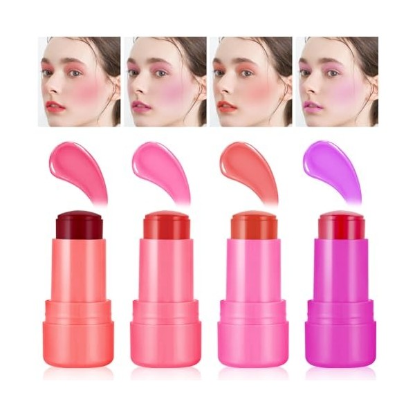 4PCS Rouge à Lèvres en Gelée, Makeup Blush Jelly Blush Stick Blush Léger et Aérien Teinture Transparente pour Yeux Lèvres et 