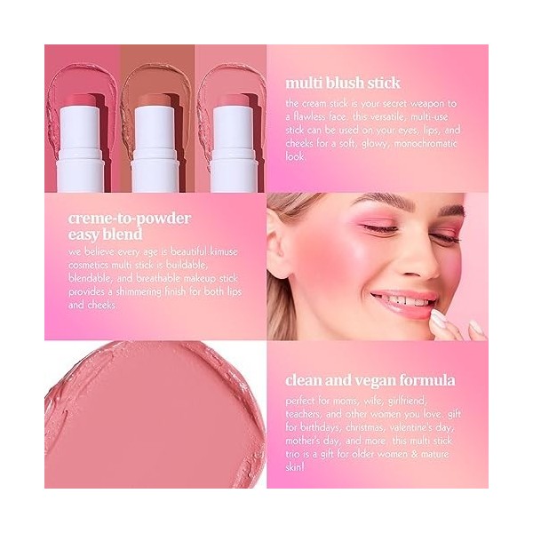 bayfree Cream Blush Stick,3PCS Blush et Fards à Joues Stick,Creme Stick Blush Hydratant Longue Tenue,Texture Légère,Maquillag