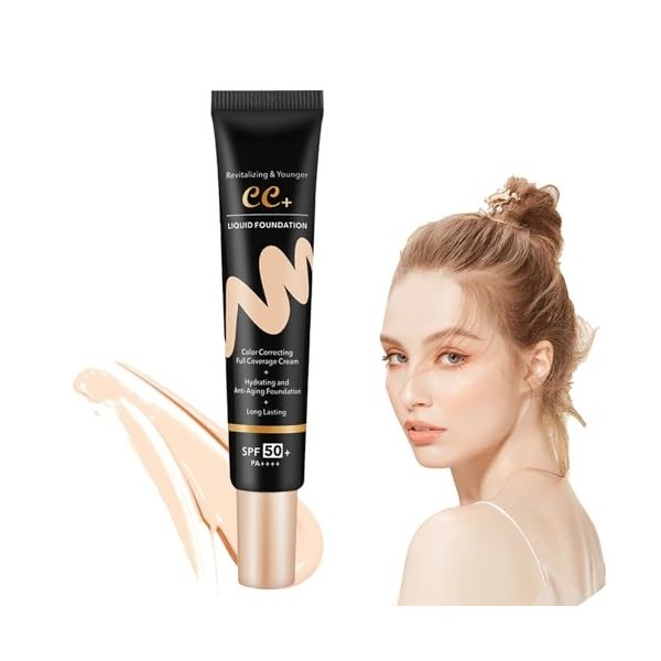 CC Crème Fond de Teint,Maquillage Fond de Teint Liquide,Crème Solaire Visage SPF 50+,Hydrating CC Cream,Full-Coverage Foundat