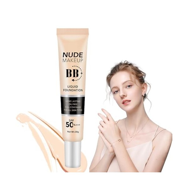 CC Crème Fond de Teint,Maquillage Fond de Teint Liquide,Crème Solaire Visage SPF 50+,Hydrating CC Cream,Full-Coverage Foundat